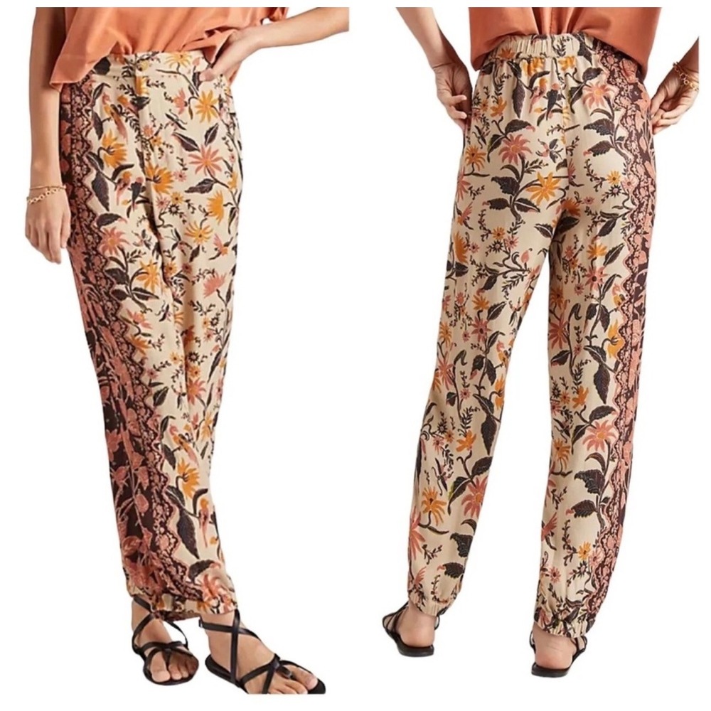Anthropologie Smocked Balloon Leg Pants Mixed Floral Print Size 0 Boho‎ Earthy